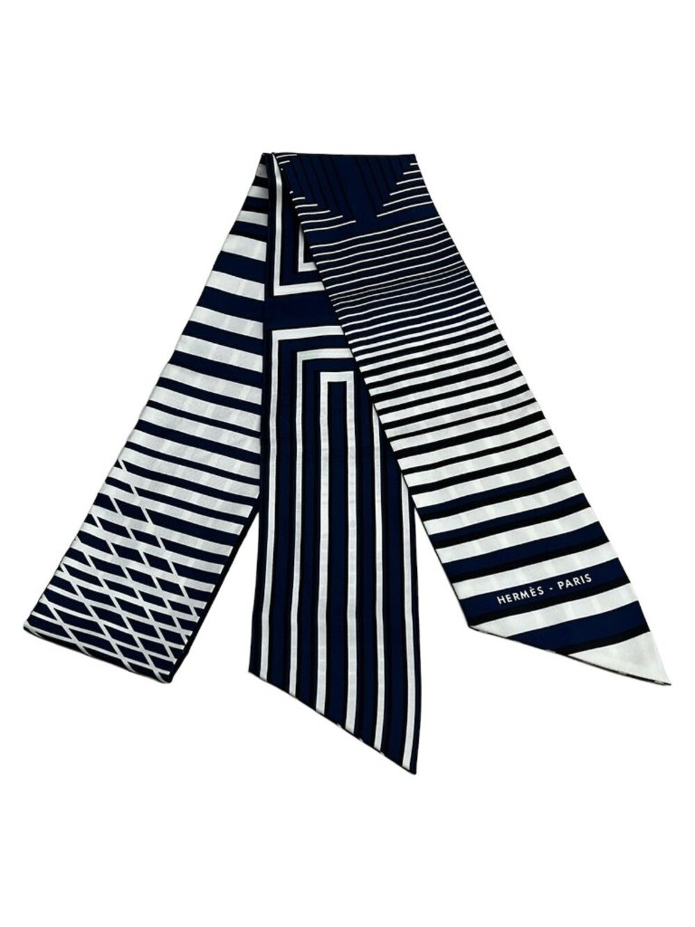 Hermes Scarf Maxi Twilly Slim Navy White Black Ribbon H AU Galop